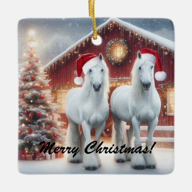 Beautiful White Horses wearing a santa hats Ceramic Ornament (Front)
