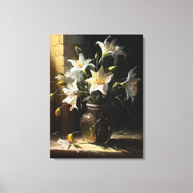 Beautiful White Lilies in Vase Fine Art Canvas Print (Front)
