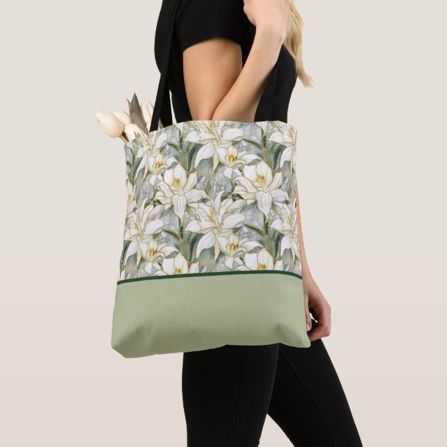 Beautiful White Lily Stained Glass, Colour Block Tote Bag (Close Up)
