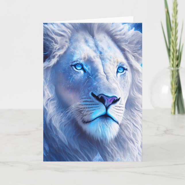 Beautiful White Mystical Lion with Blue Eyes   Card (Front)