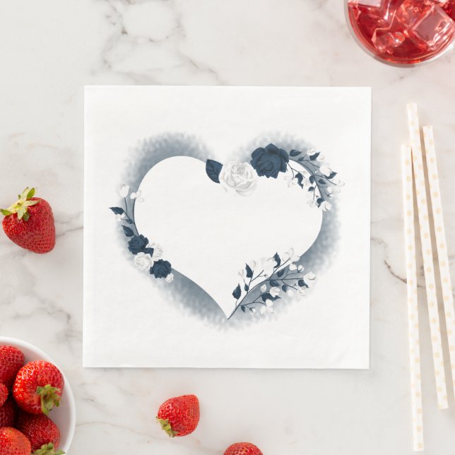 Beautiful white & navy floral heart  napkin (Insitu)