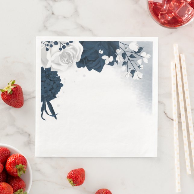 Beautiful white & navy flowers napkin (Insitu)