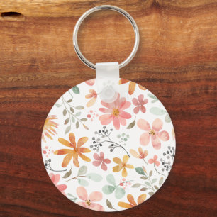 Beautiful White Orange Pink Blossom Flower Pattern Keychain