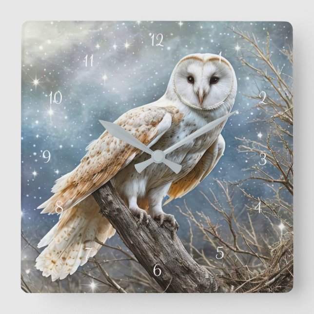 Beautiful White Owl Snow Mystical Square Wall Clock (Front)