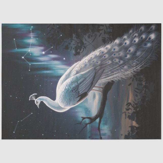 Beautiful White Peacock Aurora Borealis Decoupage Tissue Paper (Front)