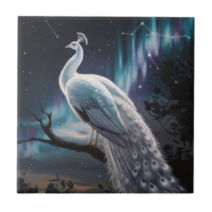 Beautiful White Peacock Aurora Borealis Scenic Tile