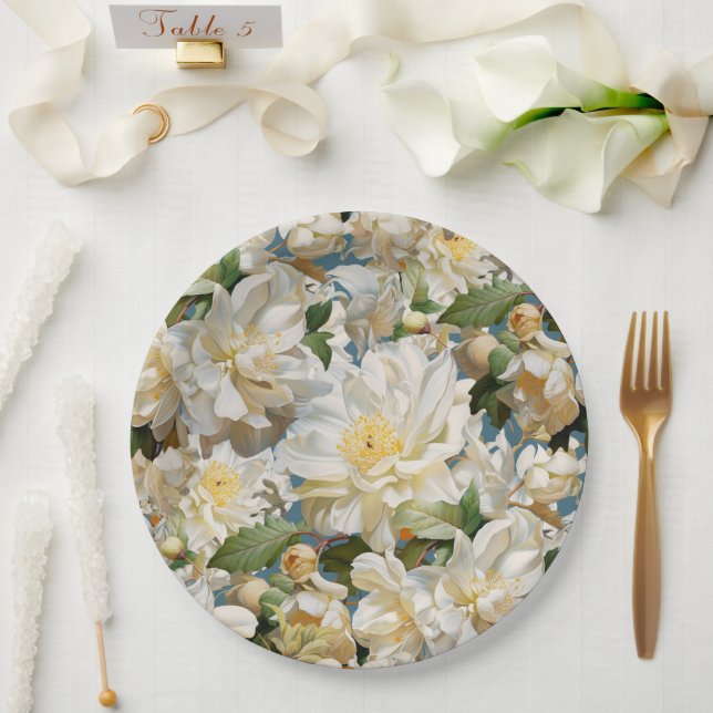 Beautiful white peony and magnolia pattern paper plate (Wedding)