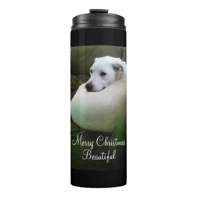 Beautiful White Puppy Dog Curled Up Christmas Thermal Tumbler (Front)