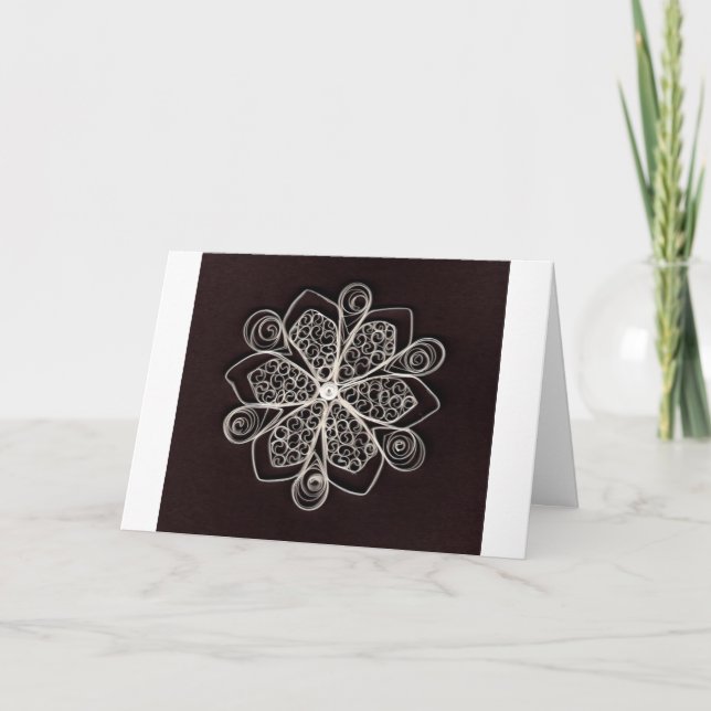 Beautiful White Quilled Snowflake Black Background Card (Front)