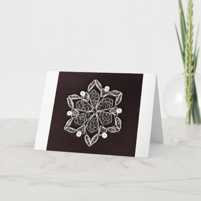 Beautiful White Quilled Snowflake Black Background Holiday Card (Front)