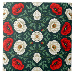Beautiful White & Red Poppy Flowers Floral Pattern Tile