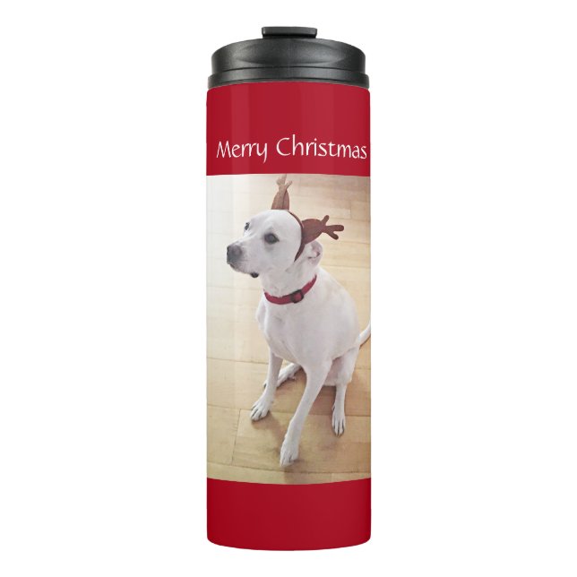 Beautiful White Reindeer Puppy Dog Christmas Red Thermal Tumbler (Front)