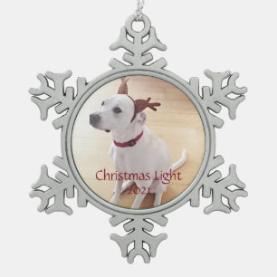Beautiful White Reindeer Puppy Dog Christmas Snowflake Pewter Christmas Ornament