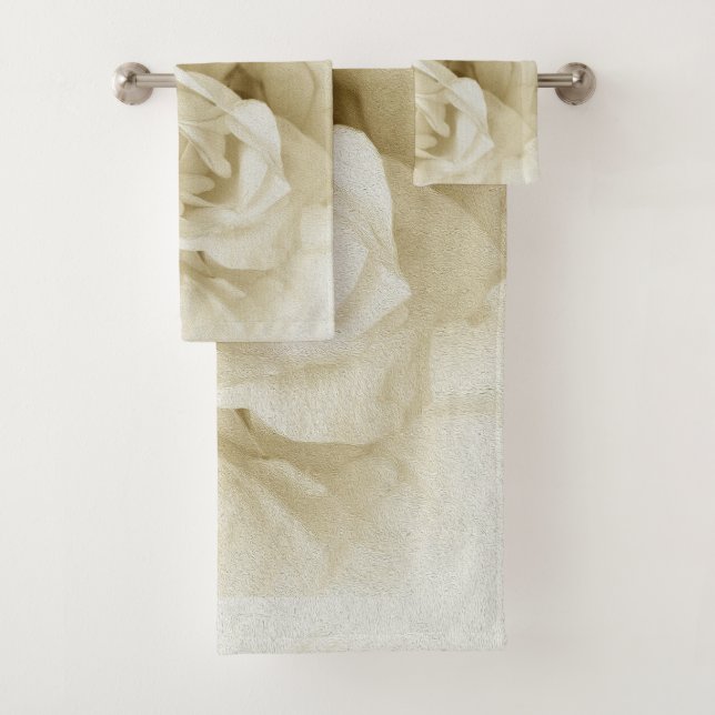 Beautiful white rose art bath towel set (Insitu)