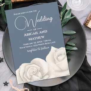 Beautiful White Rose, Dusty Blue and White Wedding Invitation