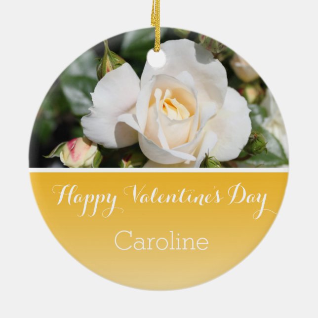 Beautiful white rose flower happy Valentine's Day Ceramic Ornament (Back)