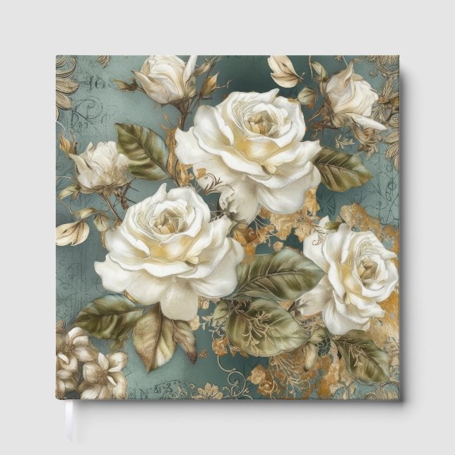 Beautiful White Roses on Blue Guest Book (Front)