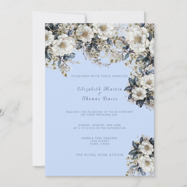 Beautiful  White Roses Vines Blue Leaves Invitation (Front)