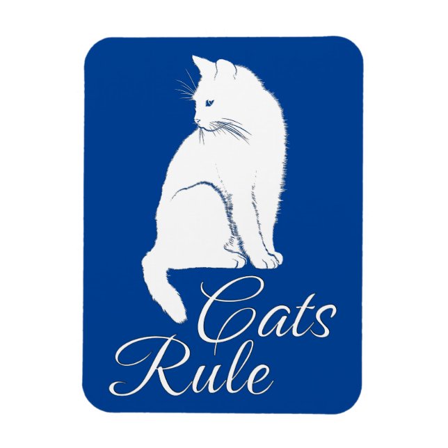 Beautiful White Sitting Cat with "Cats Rule" Text Magnet (Vertical)