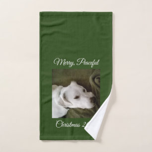 Beautiful White Sleepy Puppy Dog Green Hand Towel