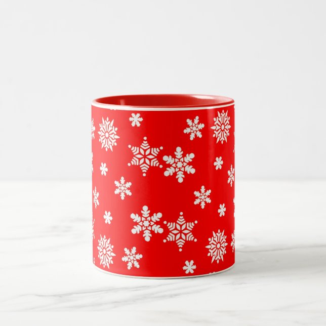 Beautiful White snowflakes on Red Two-Tone Coffee Mug (Center)