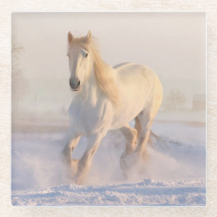 Beautiful White Stallion Running Through the Snow Glass Coaster