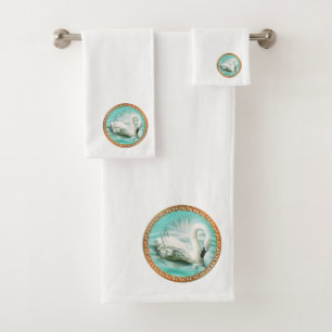Beautiful white swan in a turquoise blue water bath towel set