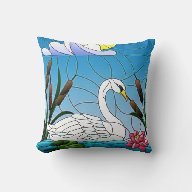 Beautiful White Swan Swims in Pond with Reed  Throw Pillow (Front)