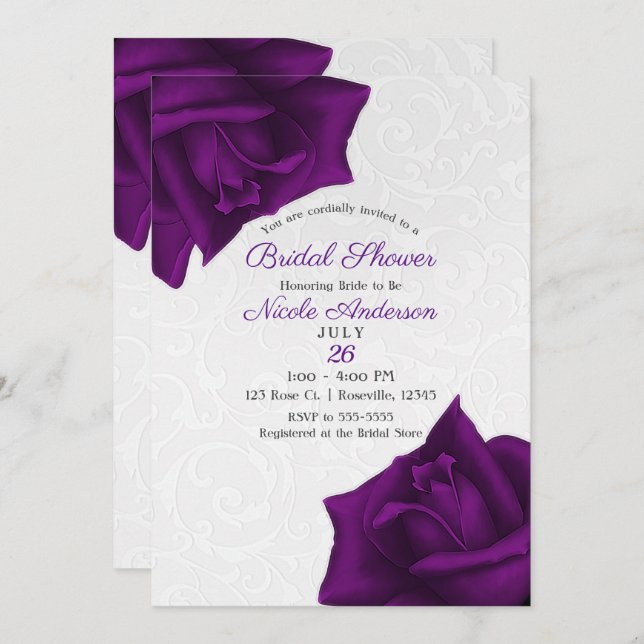Beautiful White Texture Purple Roses Bridal Shower Invitation (Front/Back)