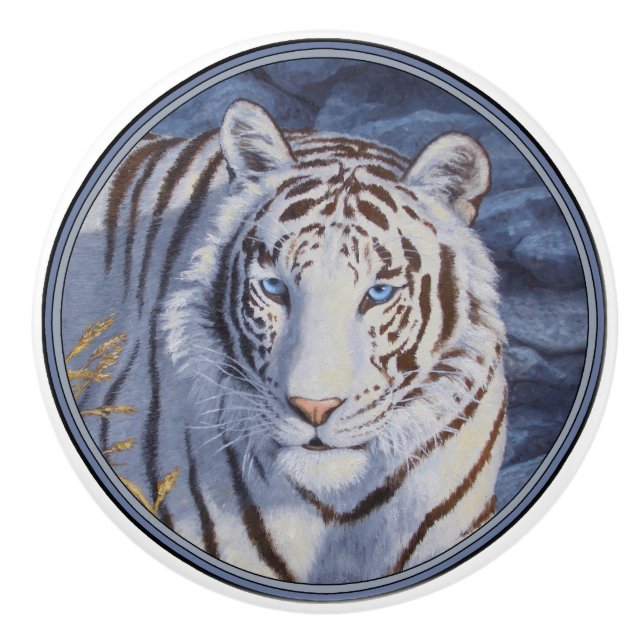 Beautiful White Tiger with Crystal Blue Eyes Ceramic Knob (Front)