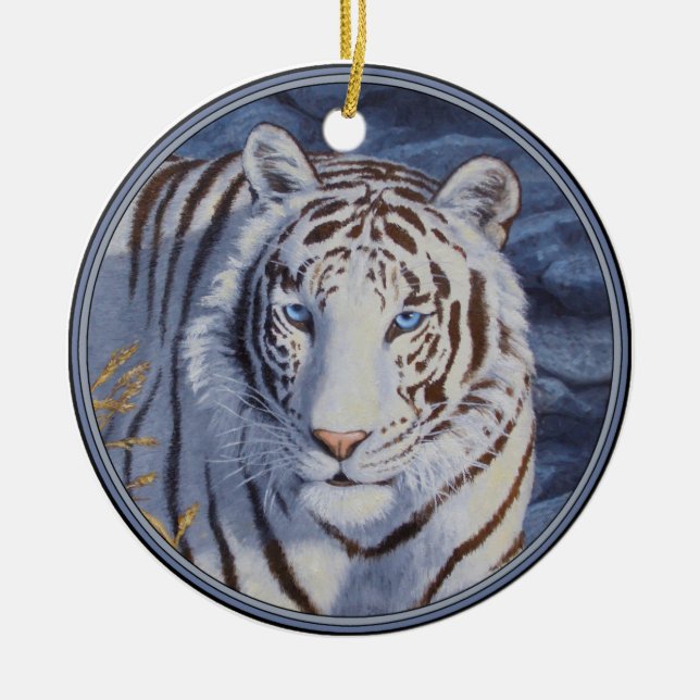 Beautiful White Tiger with Crystal Blue Eyes Ceramic Ornament (Front)