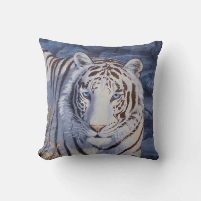 Beautiful White Tiger with Crystal Blue Eyes Throw Pillow (Front)