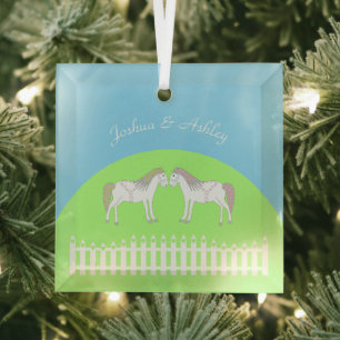 Beautiful White Wedding Horses Custom Glass Ornament