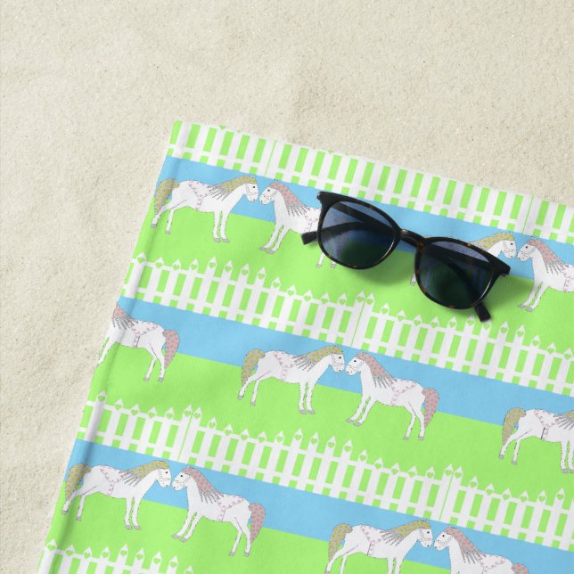 Beautiful White Wedding Horses Patterned Beach Towel (In Situ)