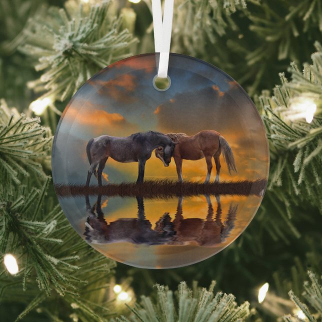Beautiful Wild Horses and Water Glass Ornament (Insitu)