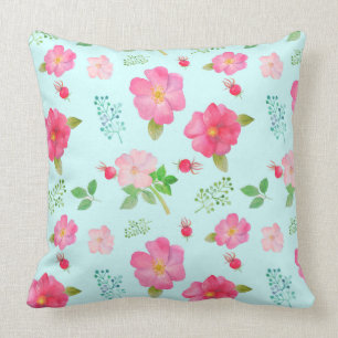 Beautiful Wild Pink Roses and Rose Hips Watercolor Throw Pillow