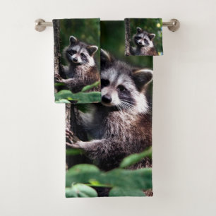 Beautiful Wild Raccoon on the Forest Bath Towel Set