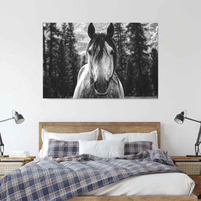 Beautiful Wild Spirited Horse Black and White Canvas Print (Insitu(Bedroom))