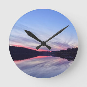 Beautiful Wilderness Sunset over Lake Photo Round Clock