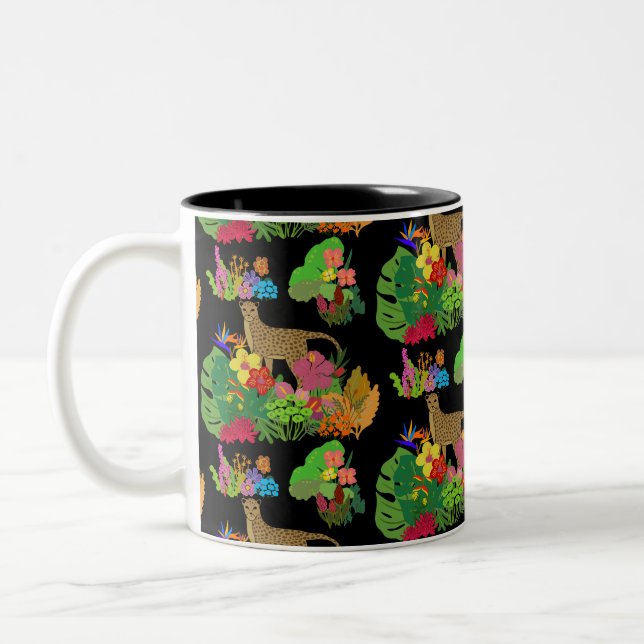 Beautiful Wildflowers,Cheetah, Tropical Jungle Two-Tone Coffee Mug (Left)