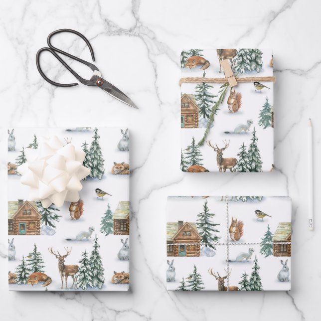 Beautiful Winter Animals Around A Rustic Cabin Wrapping Paper Sheet (Front)