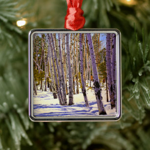 Beautiful Winter Aspens in Violet Green White Blue Metal Ornament