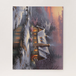 Beautiful Winter Cottage at Sunset Jigsaw Puzzle