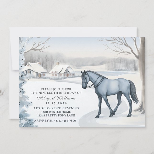 Beautiful Winter Forest Snowy White Horse Birthday Invitation (Front)