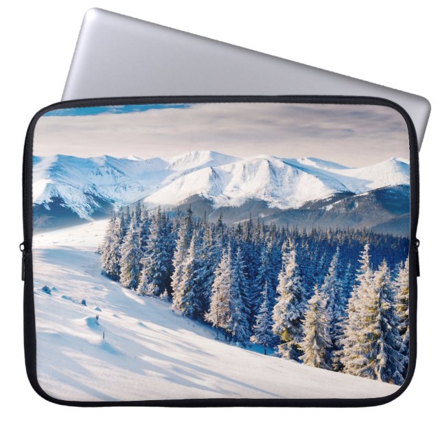 Beautiful winter landscape with snow covered trees laptop sleeve (Front)