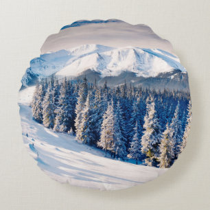 Beautiful winter landscape with snow covered trees round pillow