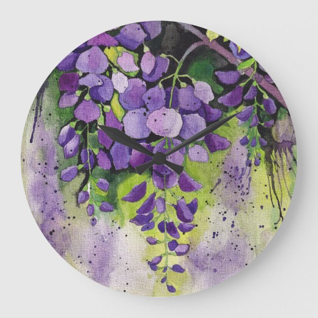 Beautiful Wisteria Flowers In Watercolor   Large Clock (Front)