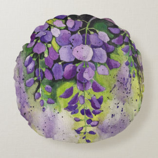 Beautiful Wisteria Flowers In Watercolor  Round Pillow