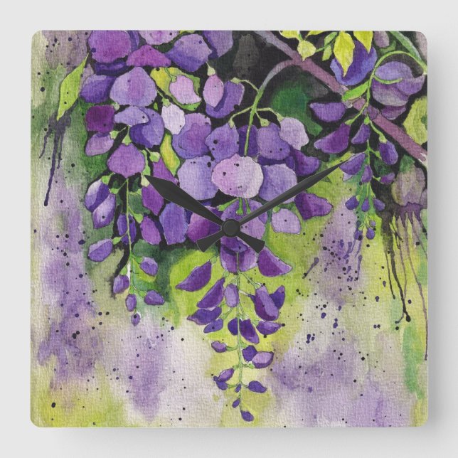 Beautiful Wisteria Flowers In Watercolor  Square Wall Clock (Front)
