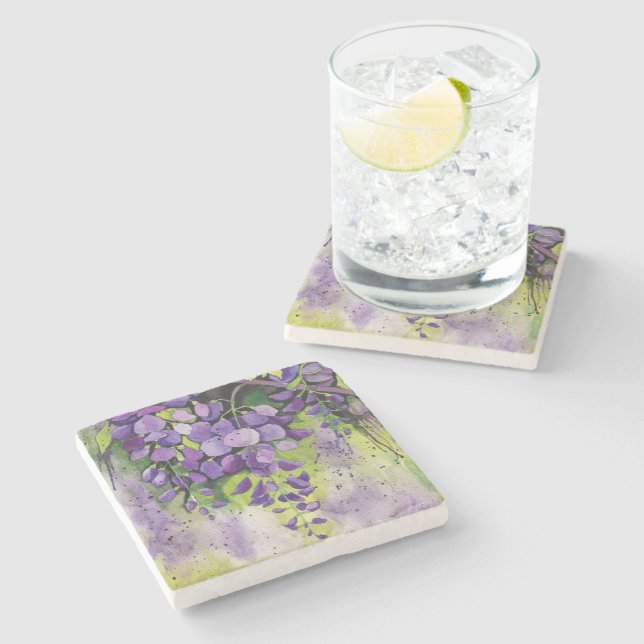 Beautiful Wisteria Flowers In Watercolor  Stone Coaster (Side)